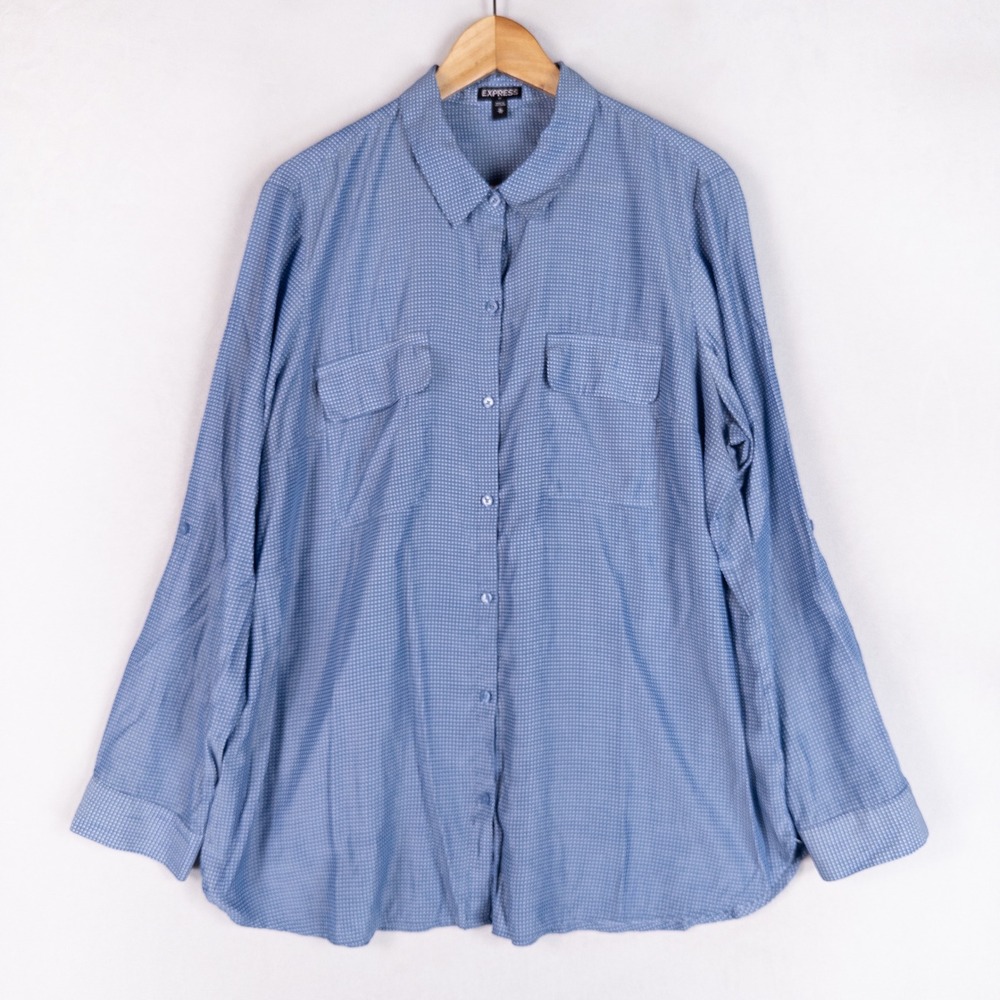 Express Womens Shirt XL Blue Polka Dot Long Sleeve Roll Tab Button Up Blouse